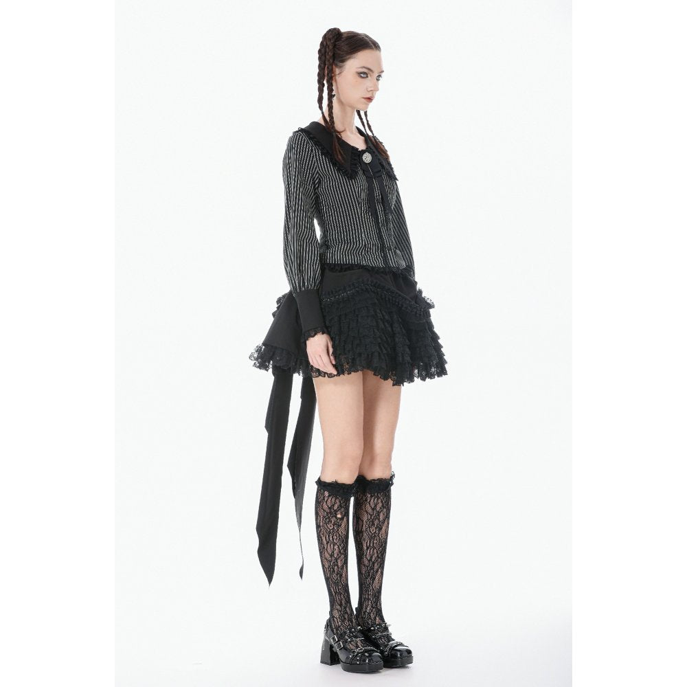 Dark in Love Gothic Peter Pan Collar Lace Shirt - Dark Academia Striped Cotton