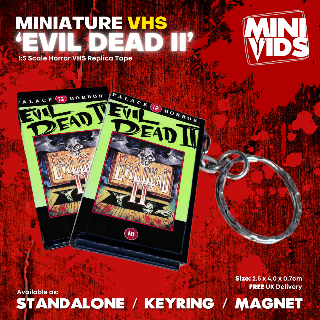 Evil Dead II keyring featuring a miniature VHS replica tape for horror movie fans