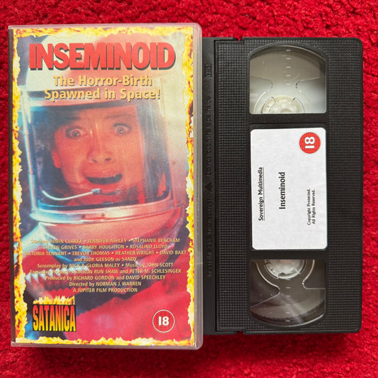 Inseminoid VHS tape featuring horror imagery and a woman in a space helmet, from Horror Stock