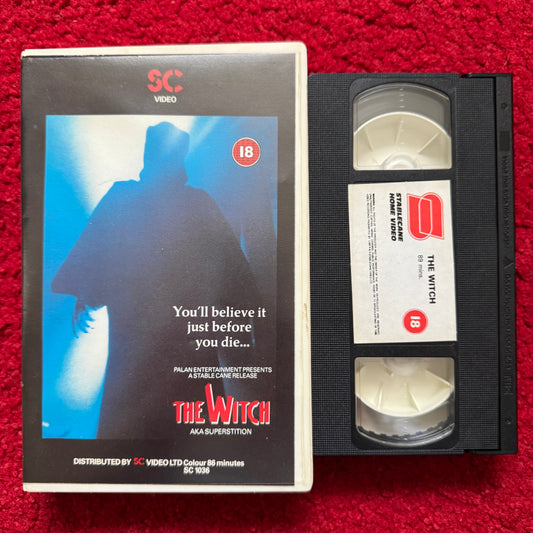 The Witch VHS cover featuring a shadowy figure with a tagline and runtime details