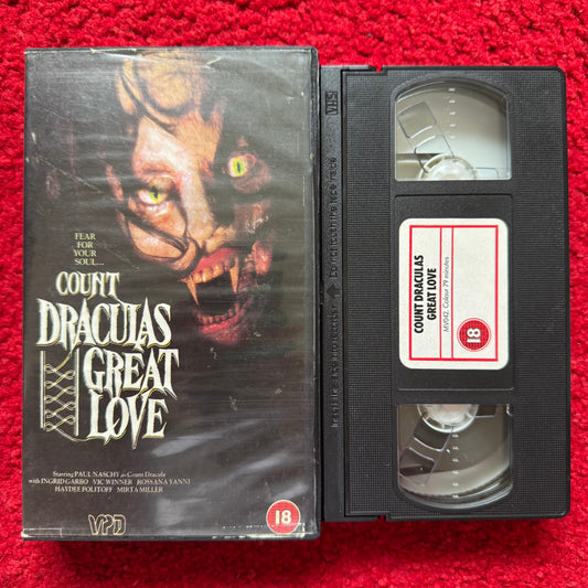 Count Dracula's Great Love VHS Cover featuring a sinister vampire face and horror-themed design