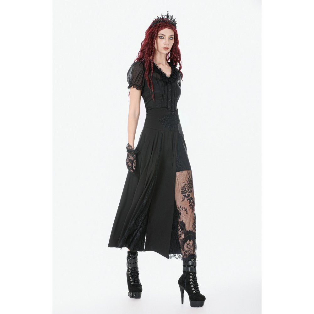 Dark In Love Dalaria High Waist Gothic Long Skirt - Lace Inset Panel