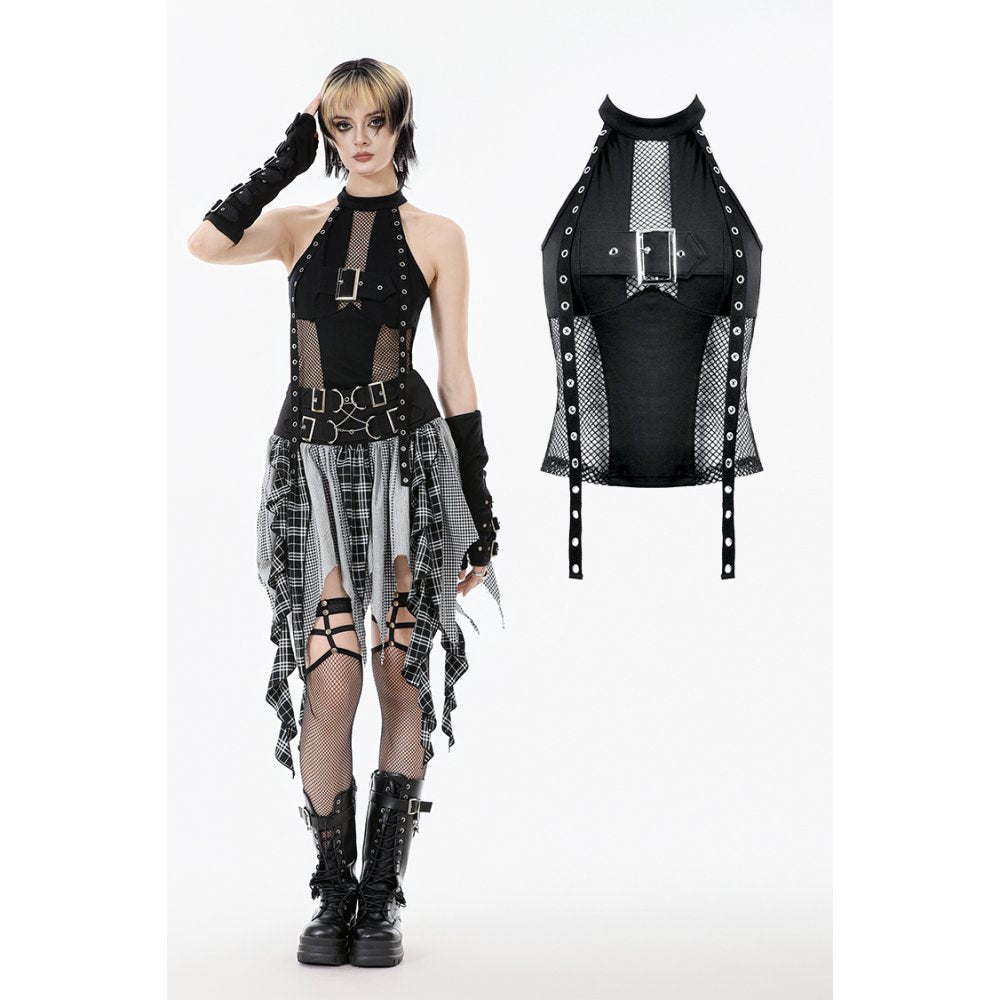 Dark in Love Gothic Mesh Panel Buckle Top