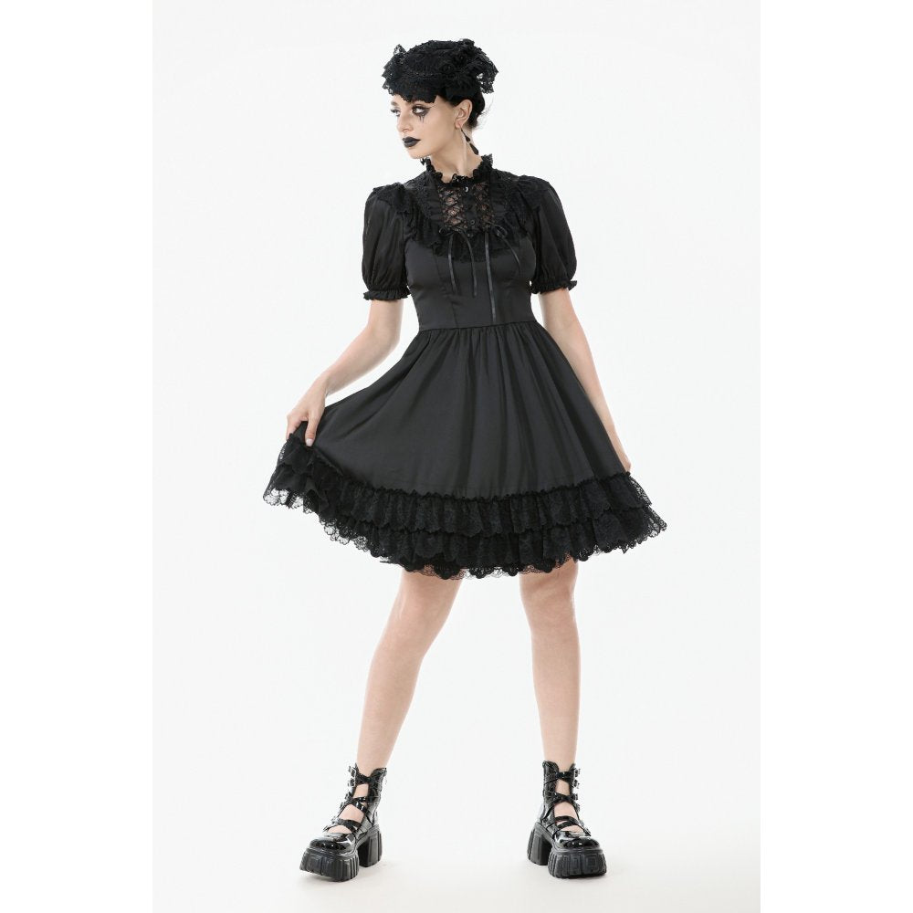 Dark in Love Belladonna Lace-Up High Collar Puff Sleeve Goth Dress  in Black