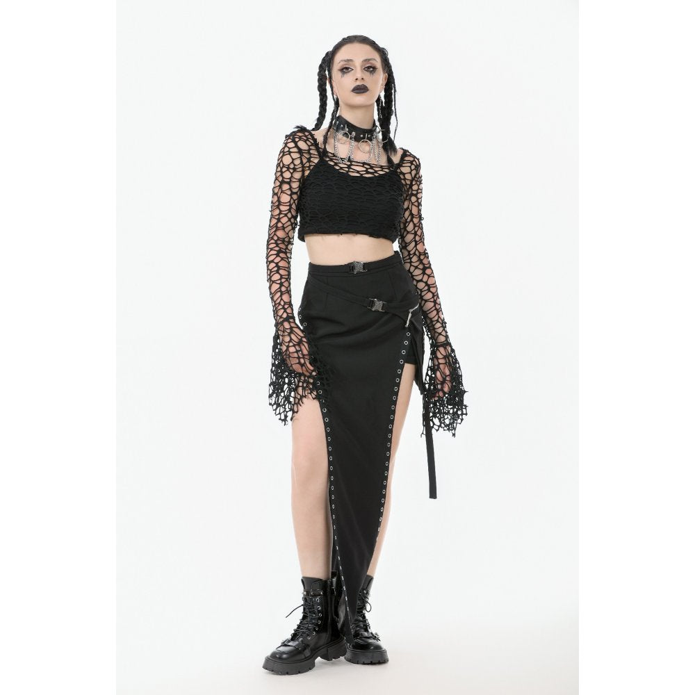 Dark in Love Morana Mesh Crochet Knit Bell Sleeve Crop Top