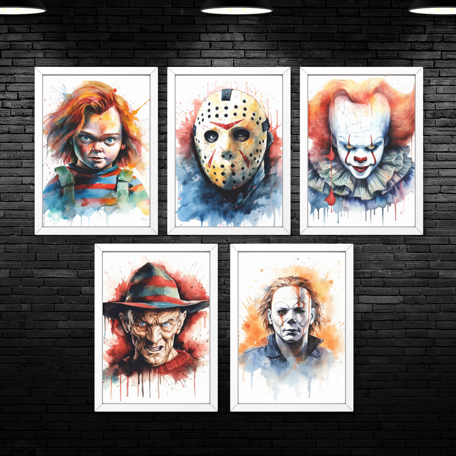 Horror Icons Wall Art Digital Prints (Freddy Krueger, Michael Myers, Chucky, Jason Vorhees, Pennywise)