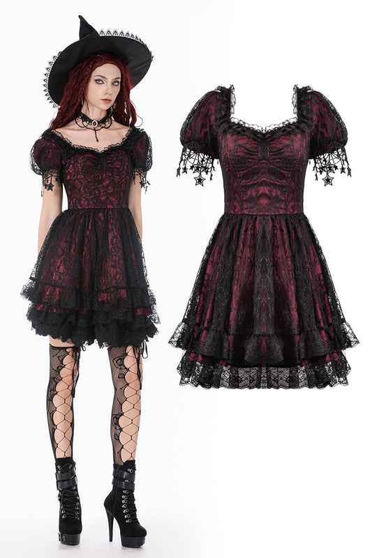Dark in Love Burgundy & Black Lace Princess Dress with Stars Lace