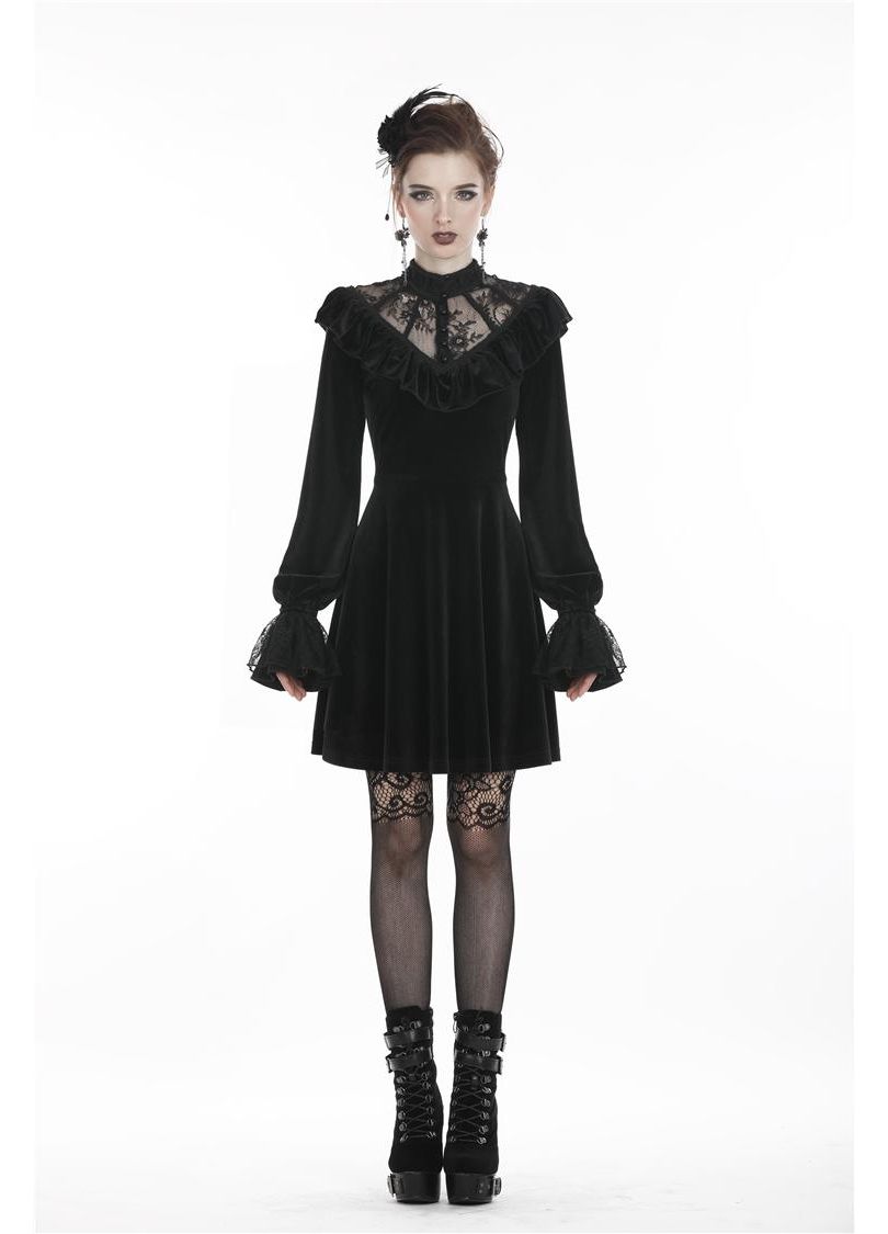 Dark In Love Avina Black Velvet Dress - Gothic Lace Neckline Long Sleeve Dress