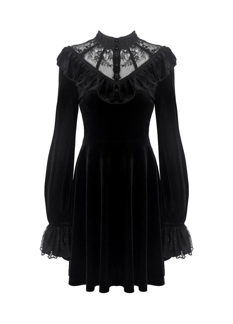 Dark In Love Avina Black Velvet Dress - Gothic Lace Neckline Long Sleeve Dress