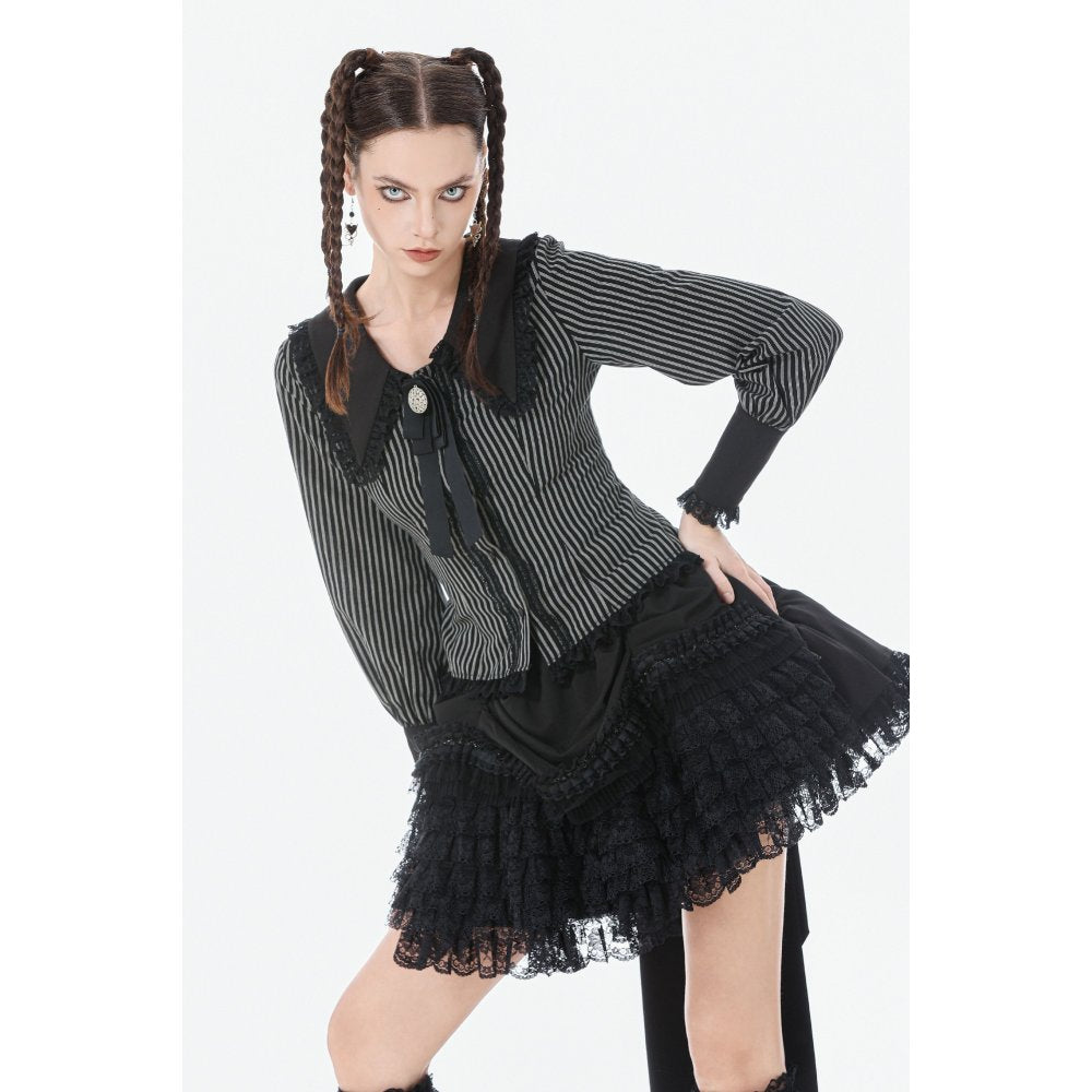Dark in Love Gothic Peter Pan Collar Lace Shirt - Dark Academia Striped Cotton