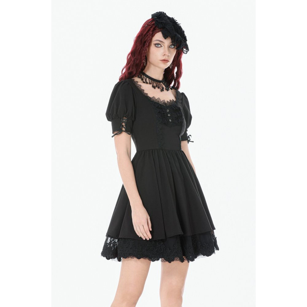 Dark in Love Gothic Lace Square-Neck Puff Sleeve Dress