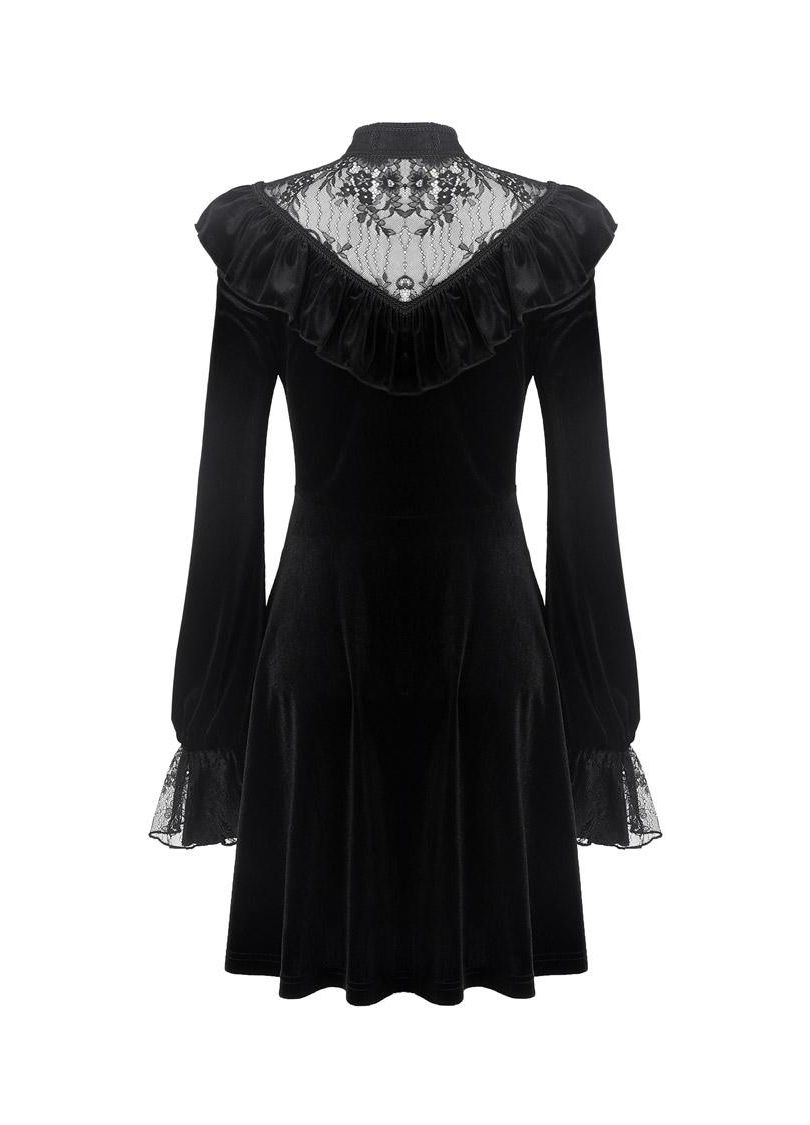 Dark In Love Avina Black Velvet Dress - Gothic Lace Neckline Long Sleeve Dress