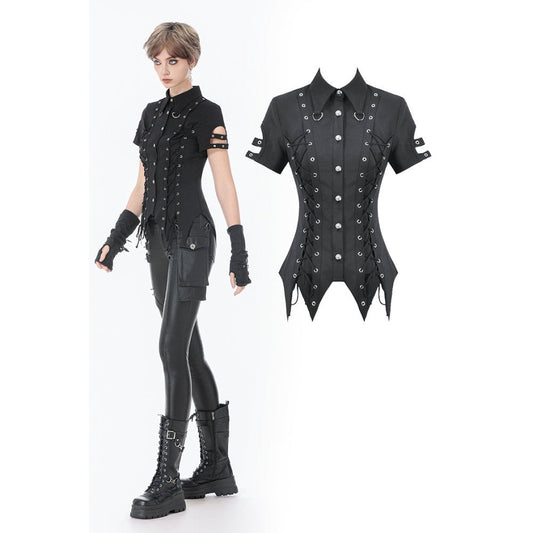 Dark in Love Ruptured Lace-Up Goth Shirt - D-Ring Hardware & Handkerchief Hem