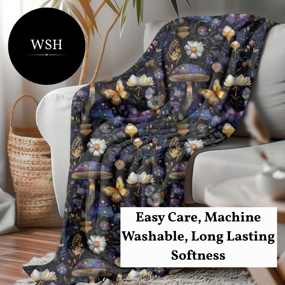 Gothic Fleece Blanket - Enchanted Mushrooms  - Luxury Twin / Double Velveteen Fleece Blanket