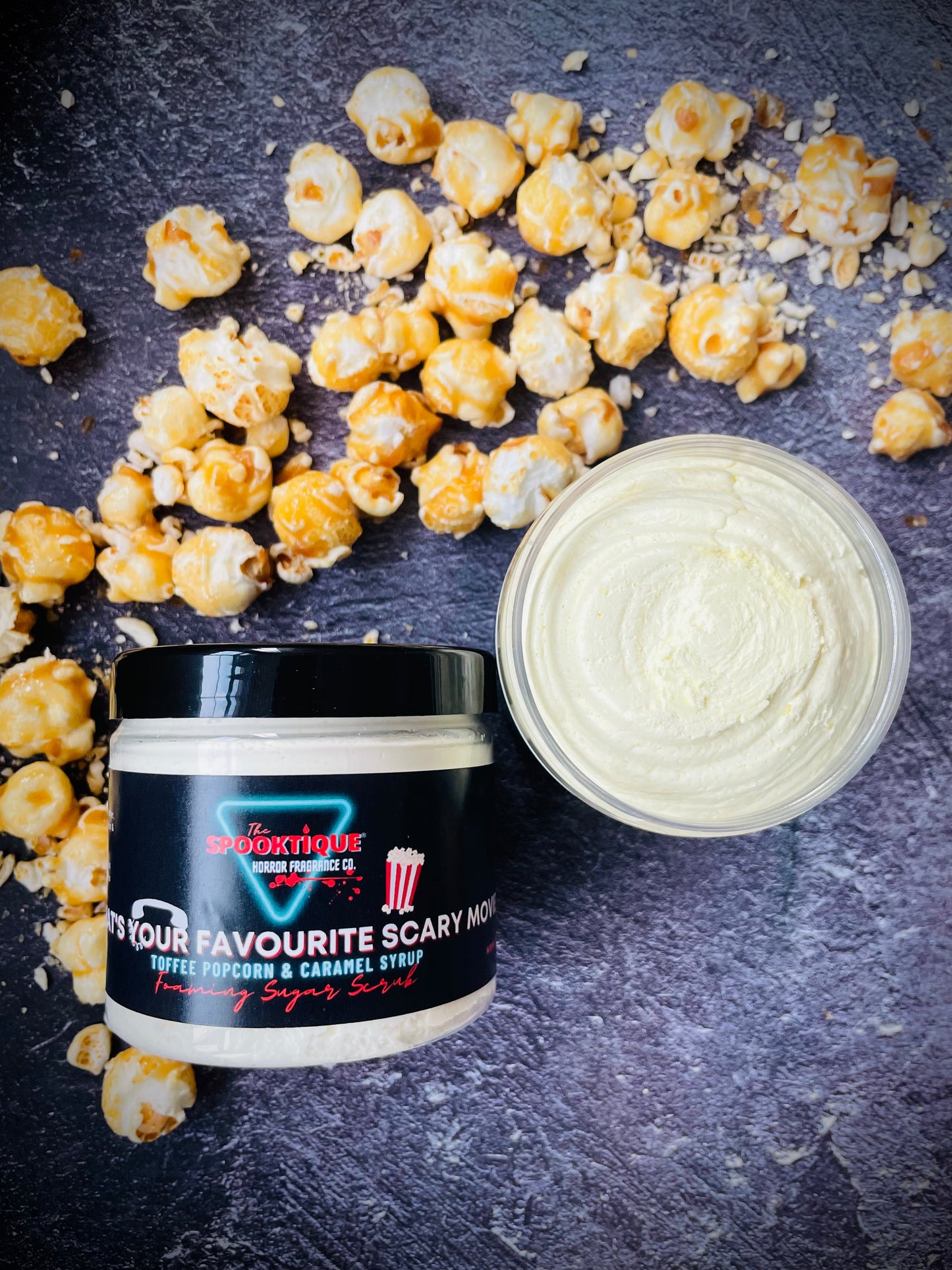 What's Your Favourite Scary Movie? Scream Sugar Scrub - Toffee Popcorn & Caramel Sauce