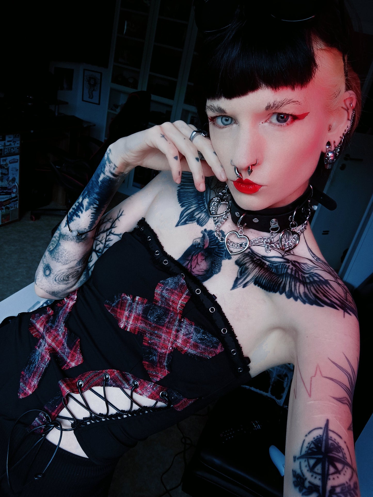 Dark in Love Punk Black and Tartan Cross Strap Nevida Top