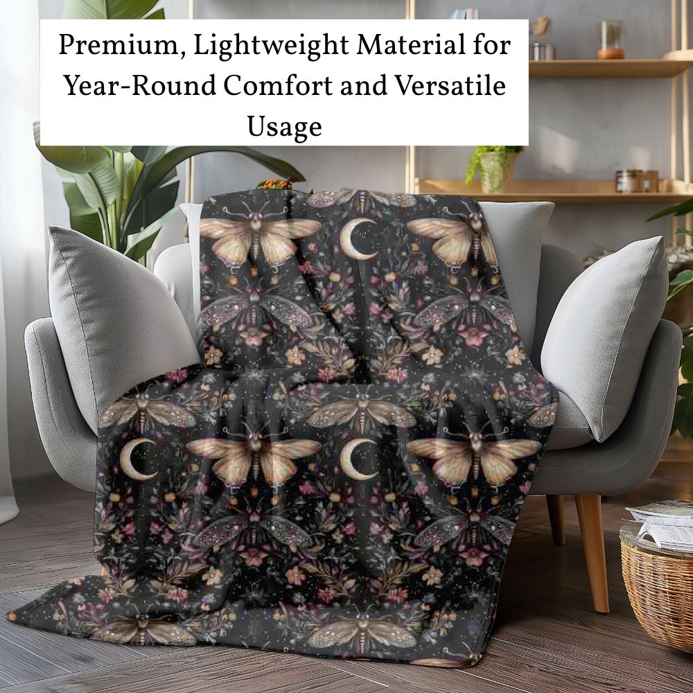 Gothic Fleece Blanket - Moth Moon - Luxury Twin / Double Velveteen Fleece Blanket