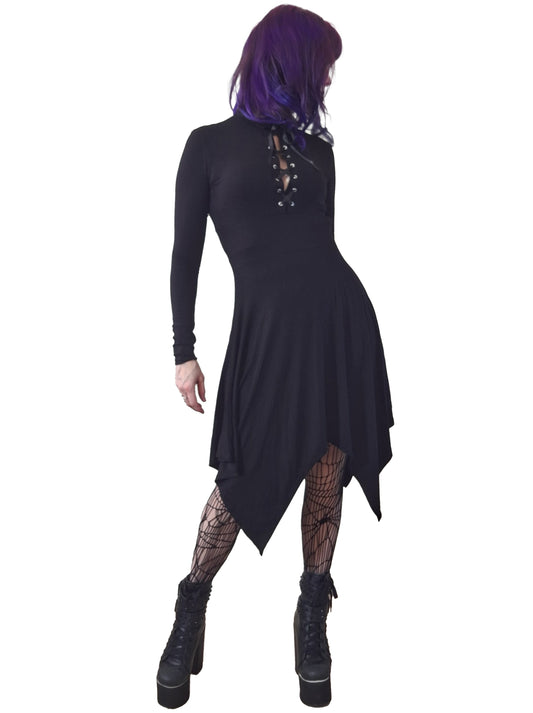 Necessary Evil Kali Gothic Handkerchief Hem Midi Dress - Long Sleeve Black