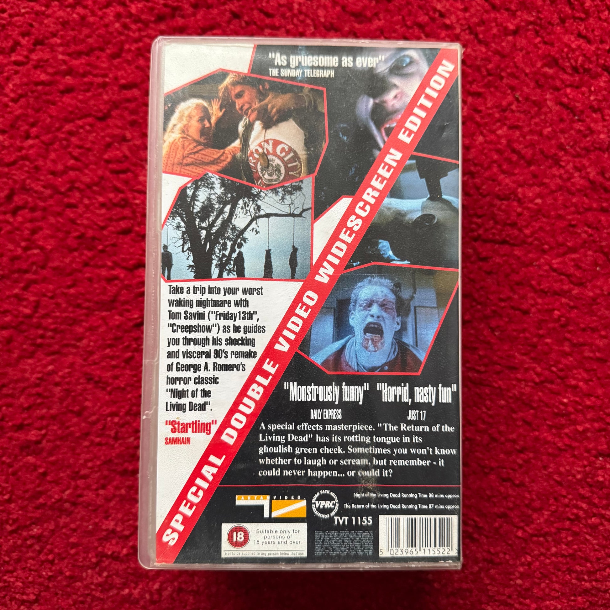 VHS tape with horror movie scenes on a red textured background