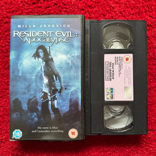 VHS tape of 'Resident Evil: Apocalypse' with cover on a red background