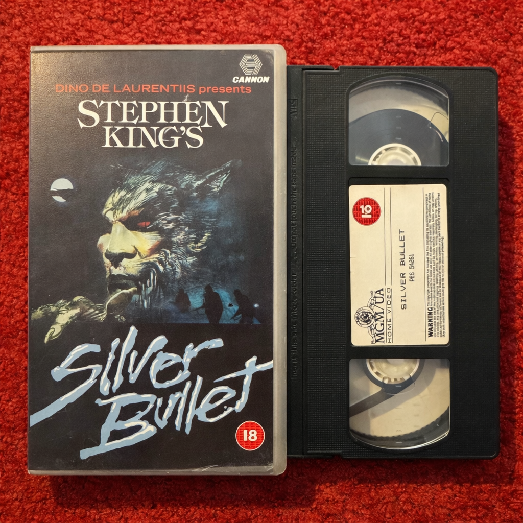 VHS tape of 'Silver Bullet' by Stephen King on a red background
