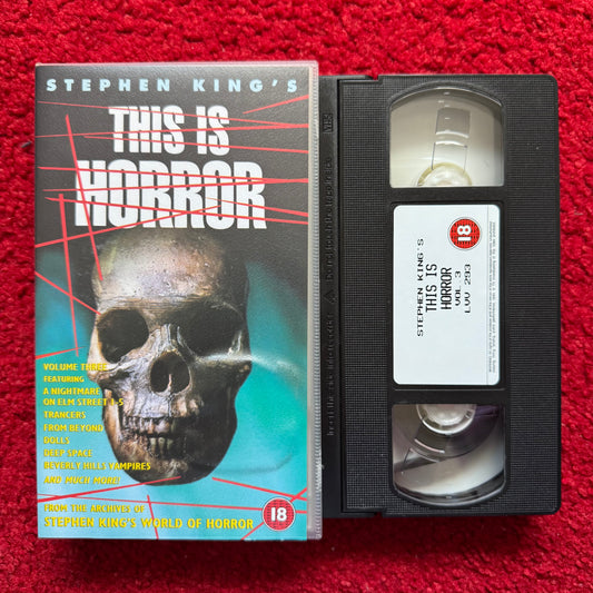 VHS tape and cover of 'Stephen King's This is Horror' on a red background