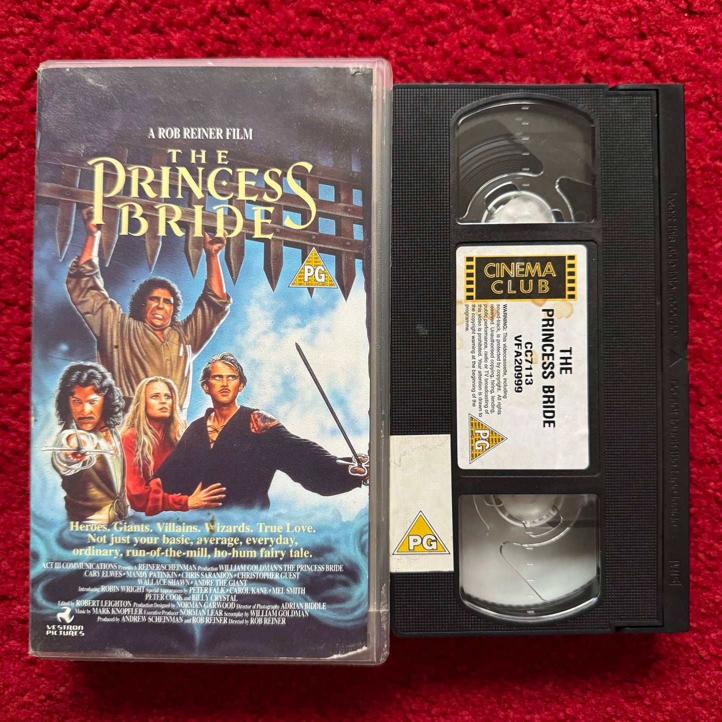 VHS tape of 'The Princess Bride' with cover on a red background