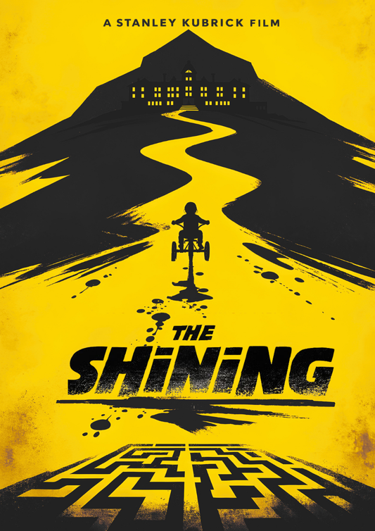 Movie poster for 'The Shining' by Stanley Kubrick with a yellow and black design.