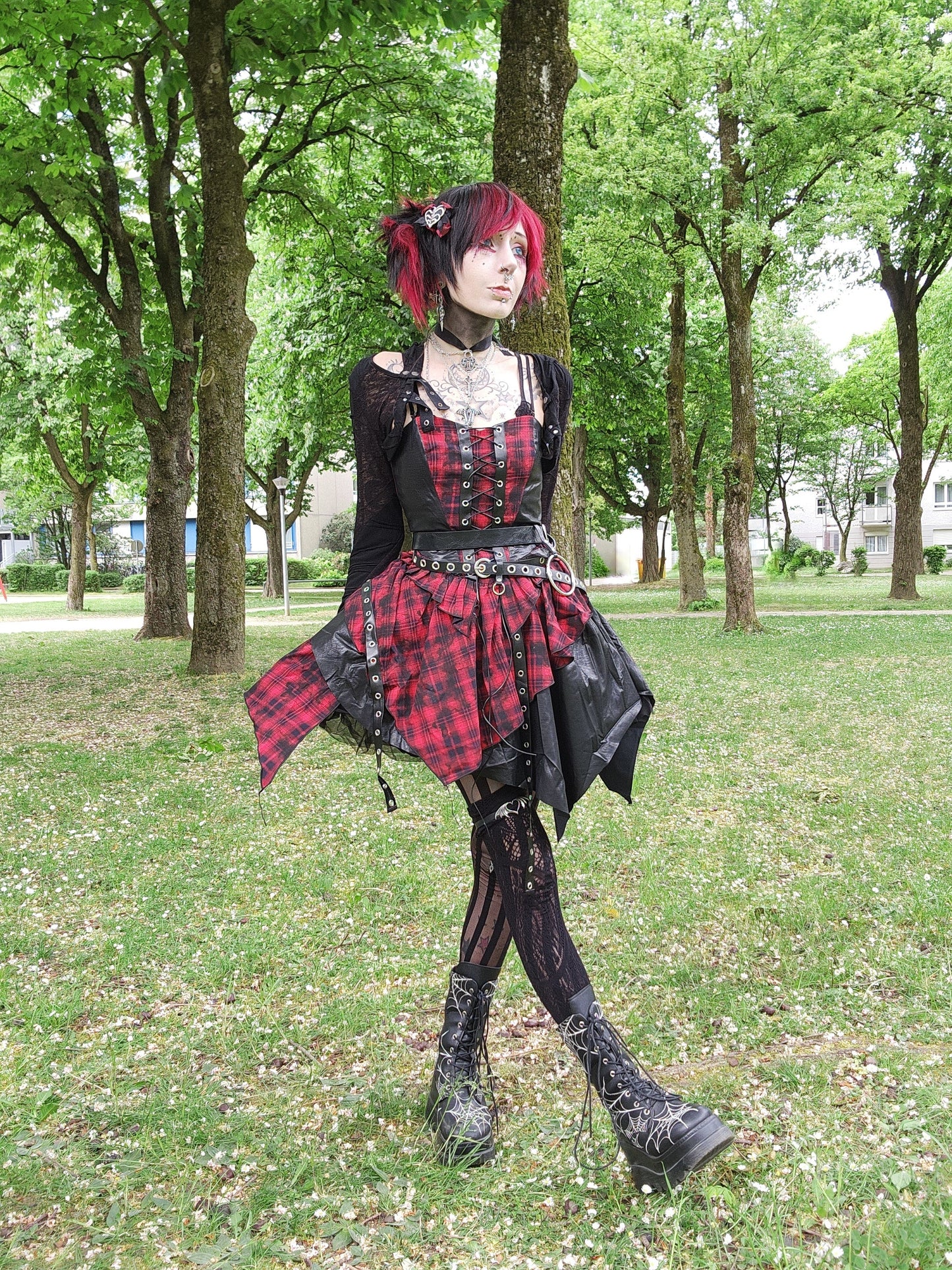 Dark in Love Red Tartan Corset Punk Dress with Handkerchief Skirt