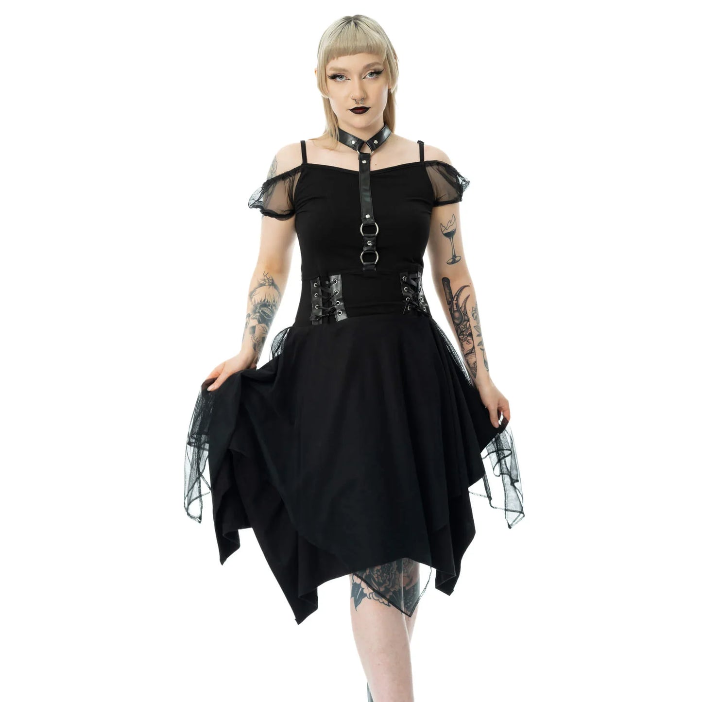 Poizen Industries Banshee Gothic Mini Dress - Cold Shoulder Mesh & Lace-Up