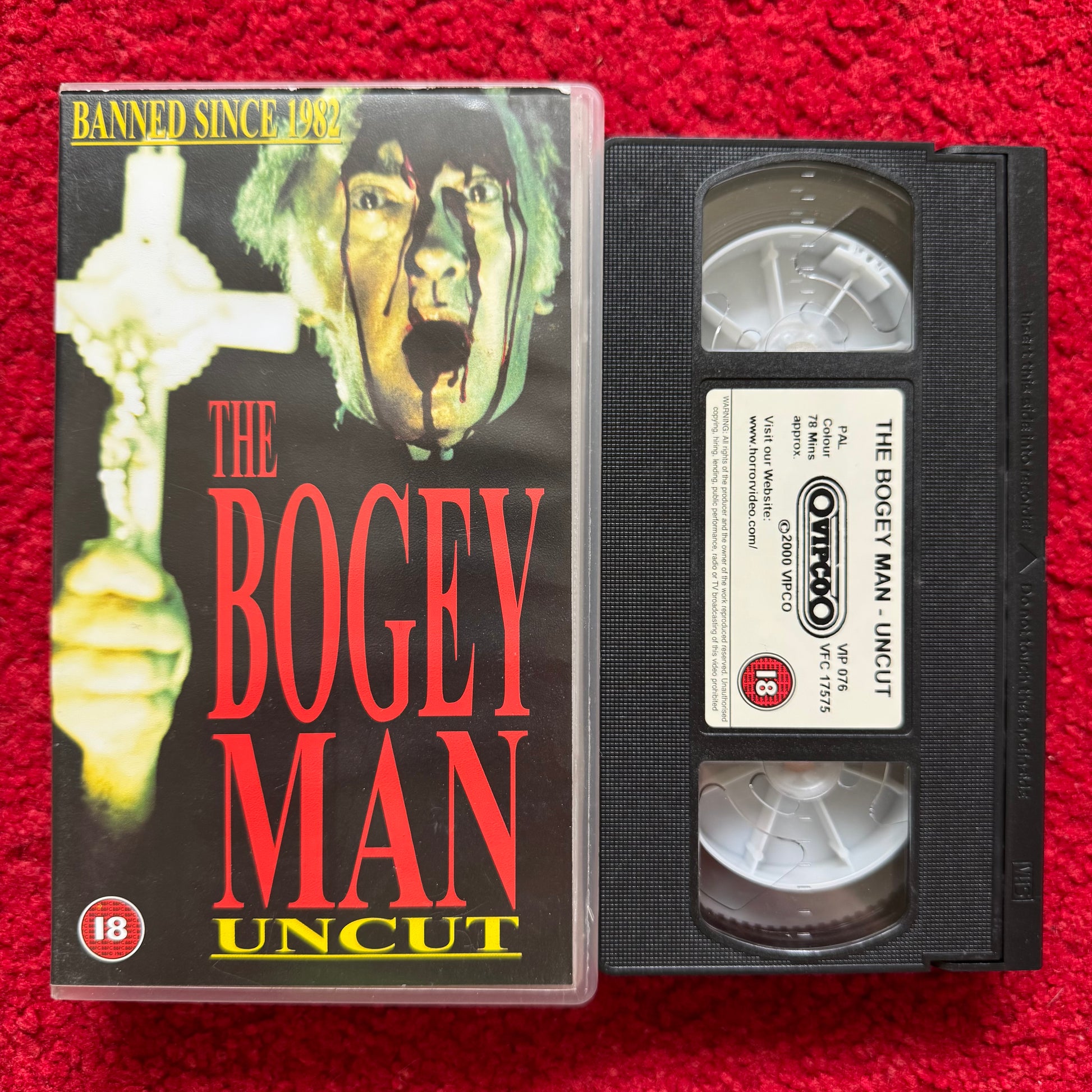 The Bogeyman VHS with graphic cover art and uncensored content label for horror movie enthusiasts